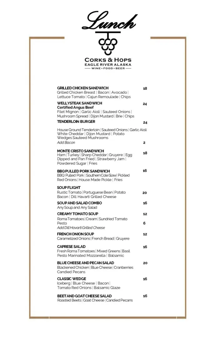 Lunch Menu Corks and Hops